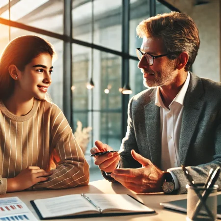 DALL·E 2025-02-24 20.36.49 - A professional mentor and a mentee engaged in a one-on-one discussion in a modern office setting. The mentor, an experienced professional, is guiding